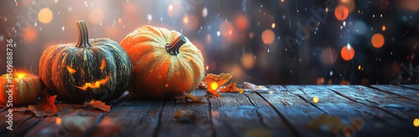 Obraz Carved Halloween Pumpkins Illuminated in a Moody Urban Night Scene with Rain and Autumn Leaves


