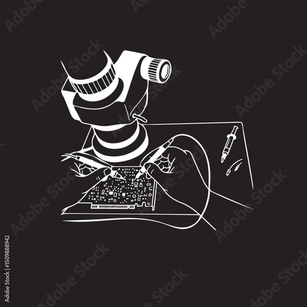 Fototapeta repairman work desk top vector sketch.  Engineer technician in workshop vector sketch. Repairman in gloves soldering electronic device board on table, hands top view vector sketch.