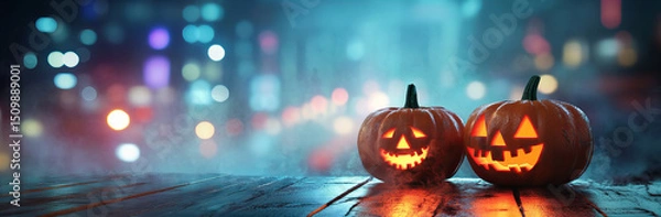 Obraz Glowing Halloween Pumpkins on Wet Wooden Surface with Bokeh Lights and Autumn Atmosphere

