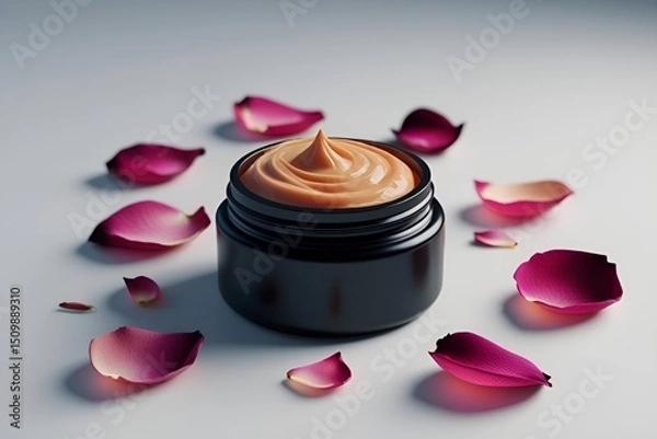 Fototapeta Open Lip Balm Jar with Rose Petals on white Background