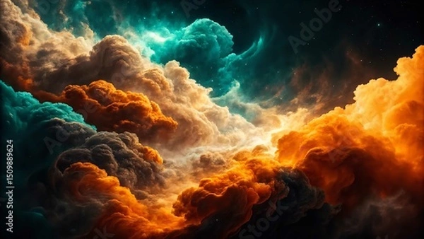 Fototapeta Dramatic sky clouds wallpaper background with teal orange and gray colors abstract cloudscape photography 100