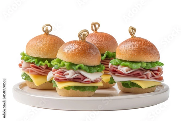 Fototapeta PNG Mini ham and cheese sliders with lettuce and peppers on white plate