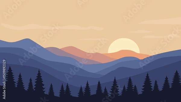 Obraz illustration of pink sunset with mountains and hills in flat design style