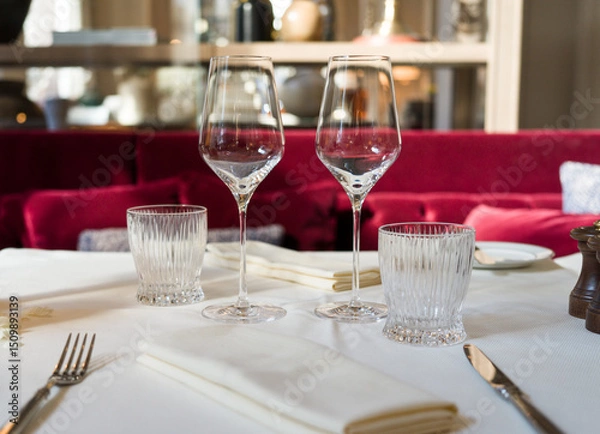 Fototapeta Empty wine glasses on restaurant table, background