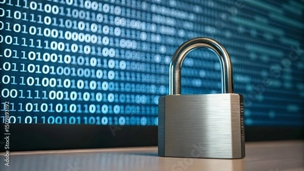 Obraz Cybersecurity data protection concept with padlock and binary code for online privacy and safety 100char