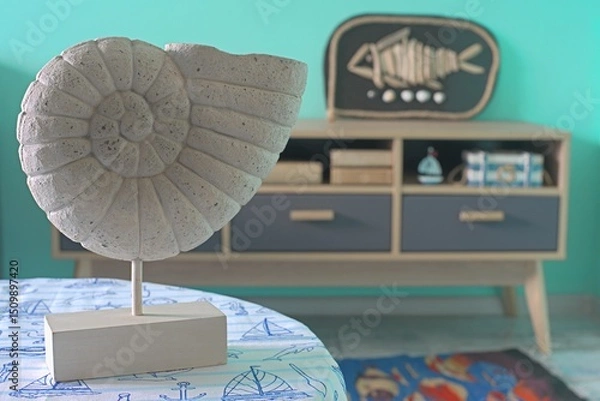 Fototapeta Ammonite shell on table in room decorated in marine style