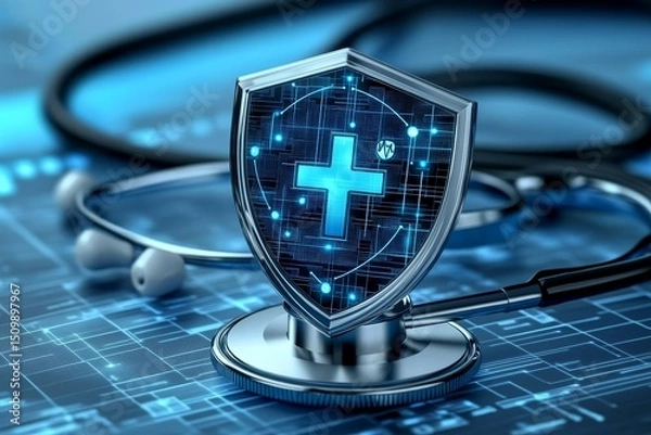 Fototapeta Healthcare Data Protection Digital Shield And Stethoscope Symbolizing Security In Modern Medicine