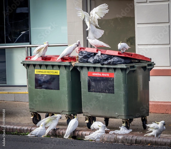 Obraz Sulphur Crested cockatoos (Cacatua galerita) scavenging from large rubbish bins on a Katoomba street, New South Wales, Australia.