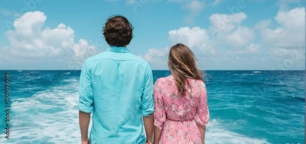 Fototapeta Serene moment at ocean pier with stylish couple gazing at turquoise sea under blue sky with fluffy clouds.