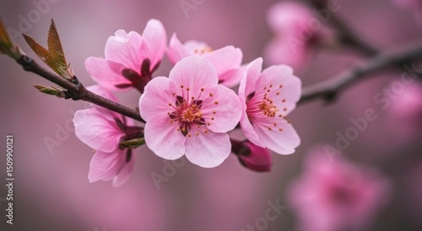 Fototapeta Close-up of pink blossoms on a branch with a blurred background.