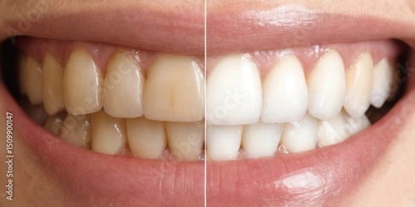 Fototapeta Before and After Teeth Whitening Transformation: Closeup of Healthy Teeth with False Teeth
