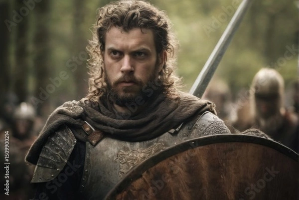 Fototapeta Medieval warrior in armor with shield and sword ready for battle in wooded area, intense expression and focused gaze.