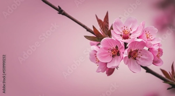 Fototapeta Pink blossoms on a branch with a light pink background soft focus.