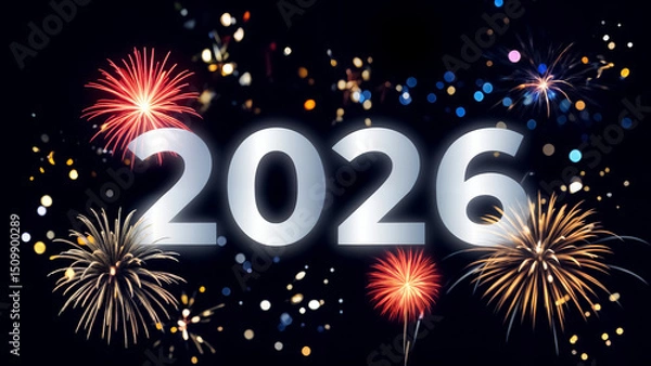 Fototapeta Celebratory fireworks display welcoming the new year of 2026 with vibrant colors and bright lights in a festive atmosphere
