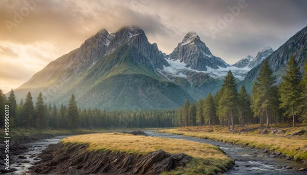 Fototapeta Majestic mountains rise above tranquil river with verdant trees under a golden sky during sunrise in a serene wilderness setting