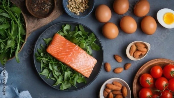 Fototapeta Flat lay food arrangement: salmon, arugula, almonds, and cherry tomatoes on dark grey background with plate and bowls.