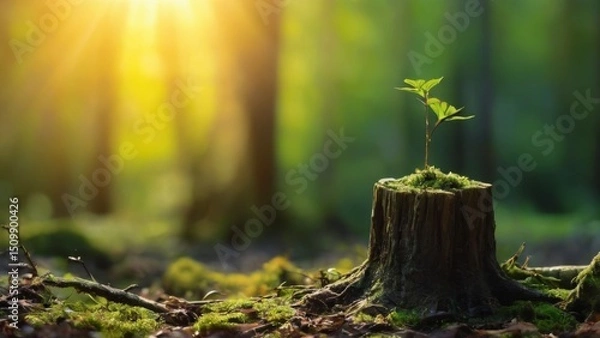 Fototapeta Tranquil forest scene with small plant growing out of mosscovered tree stump, golden sunlight filtering through trees in background.