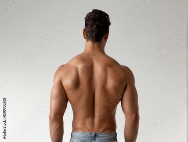 Fototapeta Muscular man with toned physique and slickedback hair standing with back to camera on white background.