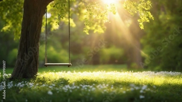 Fototapeta Suspension swing in park with wooden seat between tree trunks, bathed in sunlight with greenery and flowers.
