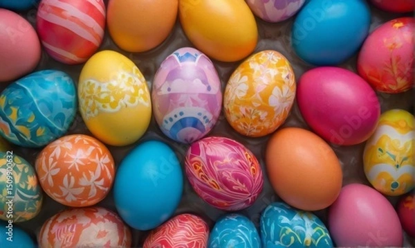 Fototapeta Vibrant CloseUp of Colorful Easter Eggs in Circular Pattern with Unique Designs and Dark Background
