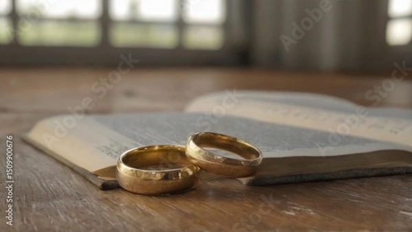 Fototapeta Gold wedding rings on open book, rustic table in natural light setting with blurred background of indoor space.