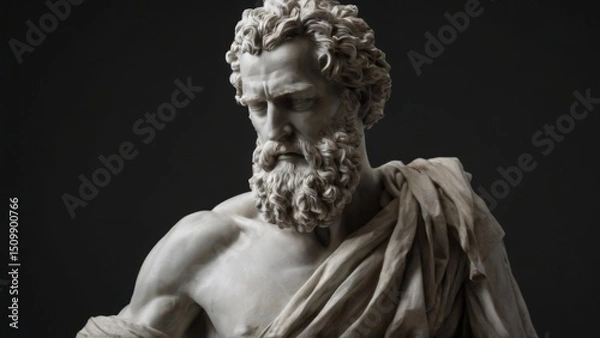 Fototapeta Serious Bearded Man Statue in White Marble against Black Background with Somber Expression and Draped Cloth.