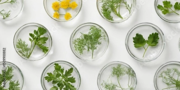 Fototapeta Herbfilled glass bowls in grid formation on white background, showcasing variety of parsley, dill, and dandelion with clean aesthetic.