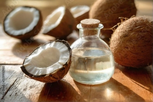 Fototapeta Fresh Coconut Water in Glass Bottle on Wooden Surface with Whole and Halved Coconuts, Natural Background
