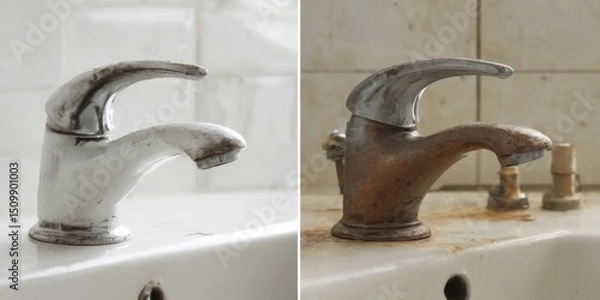 Fototapeta Vintage Silver Faucet in a Bathroom Sink with Rust and Grime, Elevated View