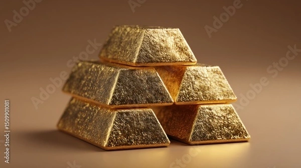 Fototapeta Stack of gold bars on a plain surface with a neutral background.