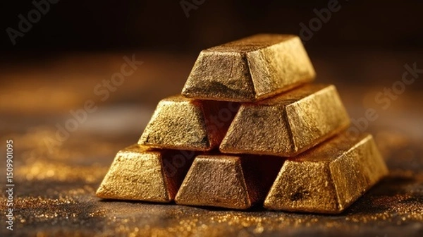 Fototapeta Stack of gold bars on a textured surface against a dark background.