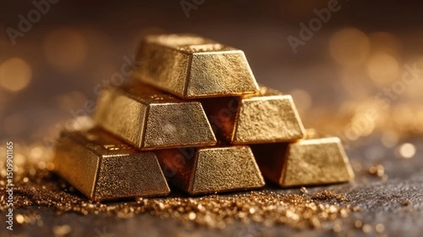 Fototapeta Stack of gold bars with gold dust on a textured surface.