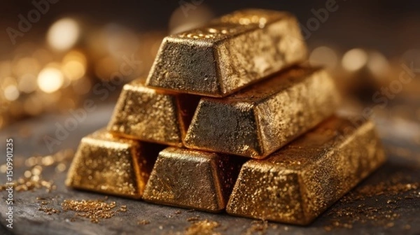 Fototapeta Stack of gold bars on a textured surface with blurred background.