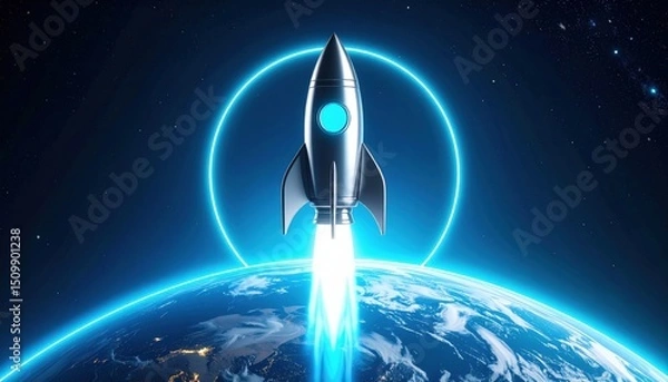 Fototapeta Rocket Launching Into Space With Glowing Trails