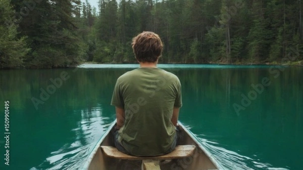 Fototapeta Serene young man in green tshirt sitting in canoe, admiring lake view surrounded by pine trees under cloudy sky.