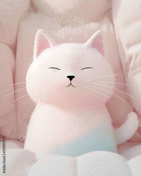 Fototapeta Minimalist Illustration Of A Serene White Cat with soft pastel color