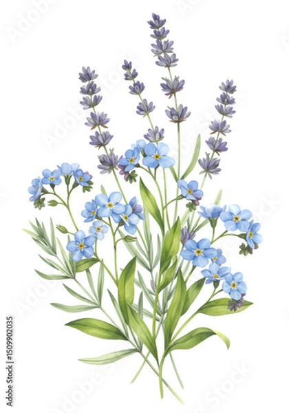 Fototapeta Forgetmenots and lavender bouquet isolated on black a botanical watercolor style illustration