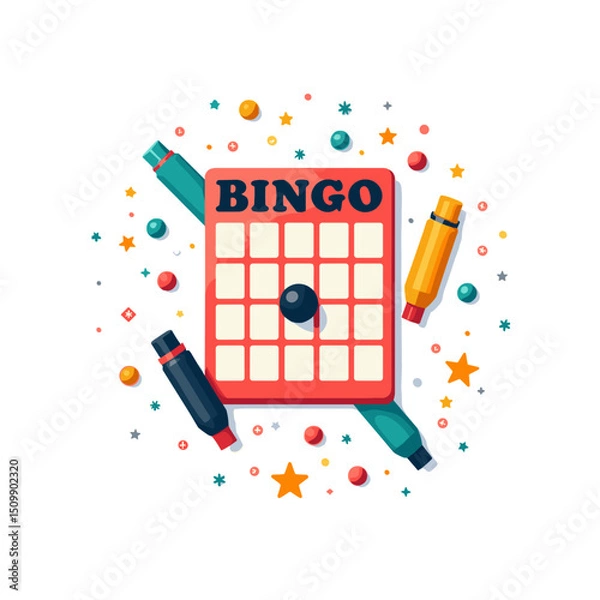 Obraz Colorful Bingo Card with Markers and Confetti, Flat Design Illustration for Game Night