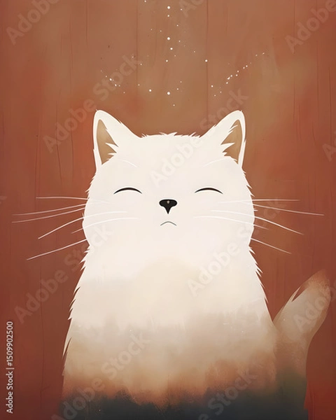 Fototapeta White Cat Illustration on Wooden Background with Calm Expression