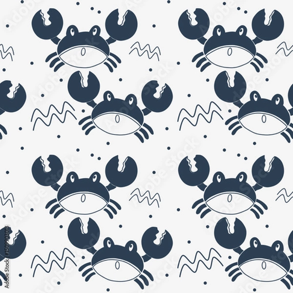 Fototapeta Cute crab pattern in navy blue. Happy Cheerful Crab Parade Seamless pattern Background. Cute Cartoon Crabs pattern. 