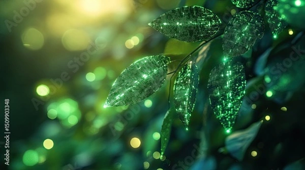 Obraz Sparkling leaves embodying the magic of technology and nature merging in a symphony of green innovation against a dreamy