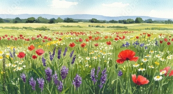 Fototapeta Watercolor Wildflowers in a Meadow