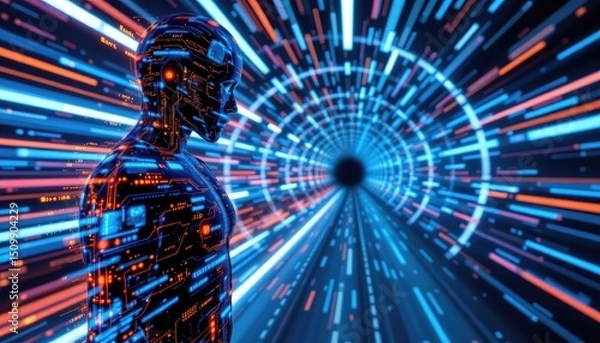 Fototapeta Futuristic Digital Man Surrounded by Bright Data Streams and Tunnel