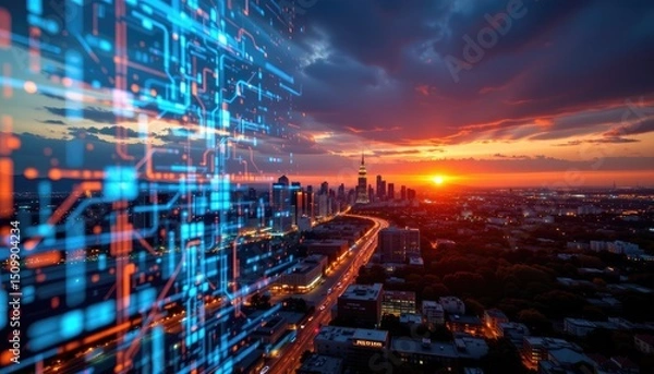 Fototapeta Futuristic City Skyline with Digital Overlay at Sunset View