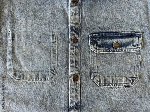 Fototapeta Unique chest pockets on a denim jacket. One pocket is sewn on the outside, the other pocket is sewn on the inside. Outside and inside pocket. Sewing clothes