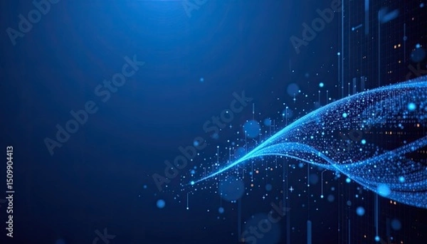 Fototapeta Abstract Digital Wave with Bright Blue Points and Lines on Dark Background