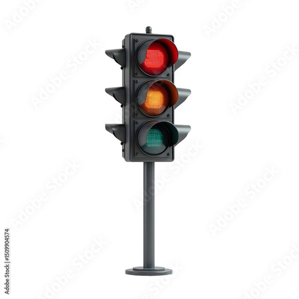 Fototapeta black traffic light on metal pole with red, yellow, green signals, isolated PNG file on transparent background
