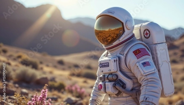 Fototapeta Astronaut Exploring Alien Landscape at Dawn in Desert Environment