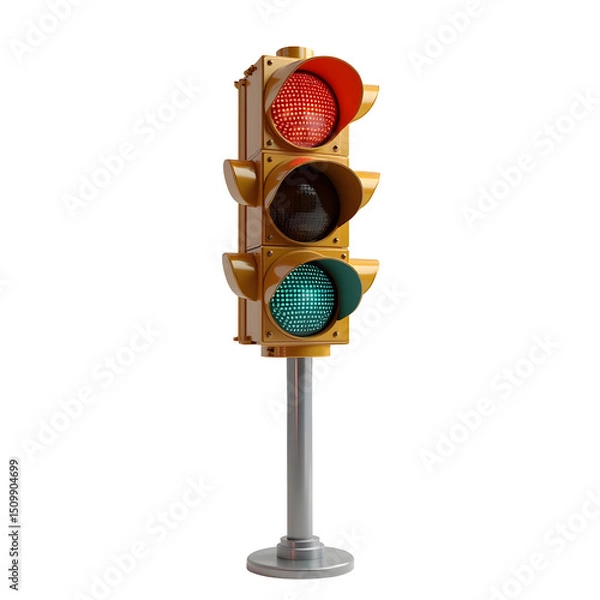 Fototapeta Colorful vintage traffic light on metal pole with red, yellow, green signals, isolated PNG file on transparent background