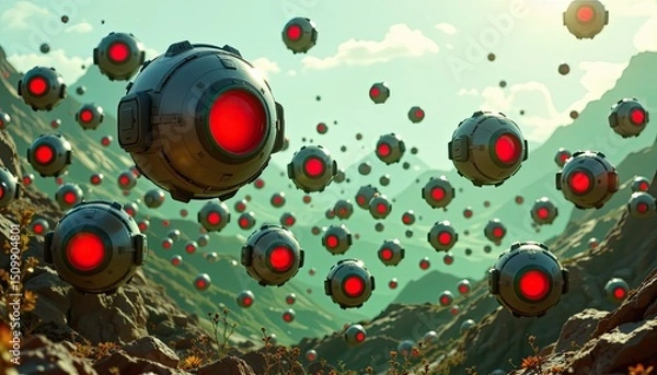 Fototapeta Futuristic Scene of Flying Spheres with Red Lights in a Landscape